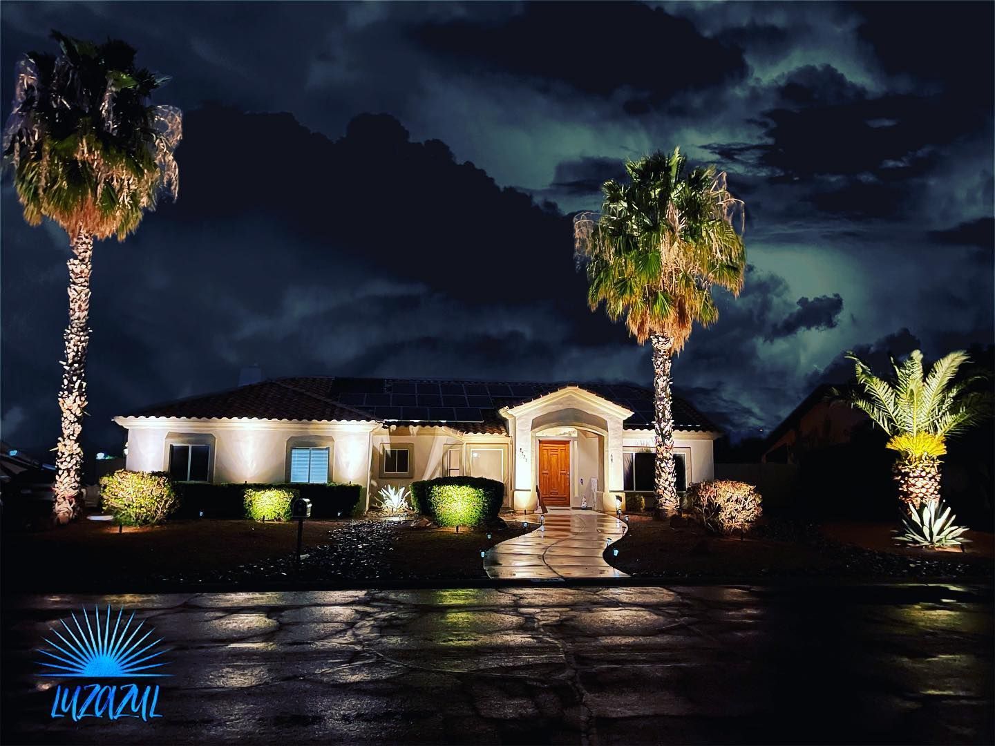 A house with palm trees is lit up at night