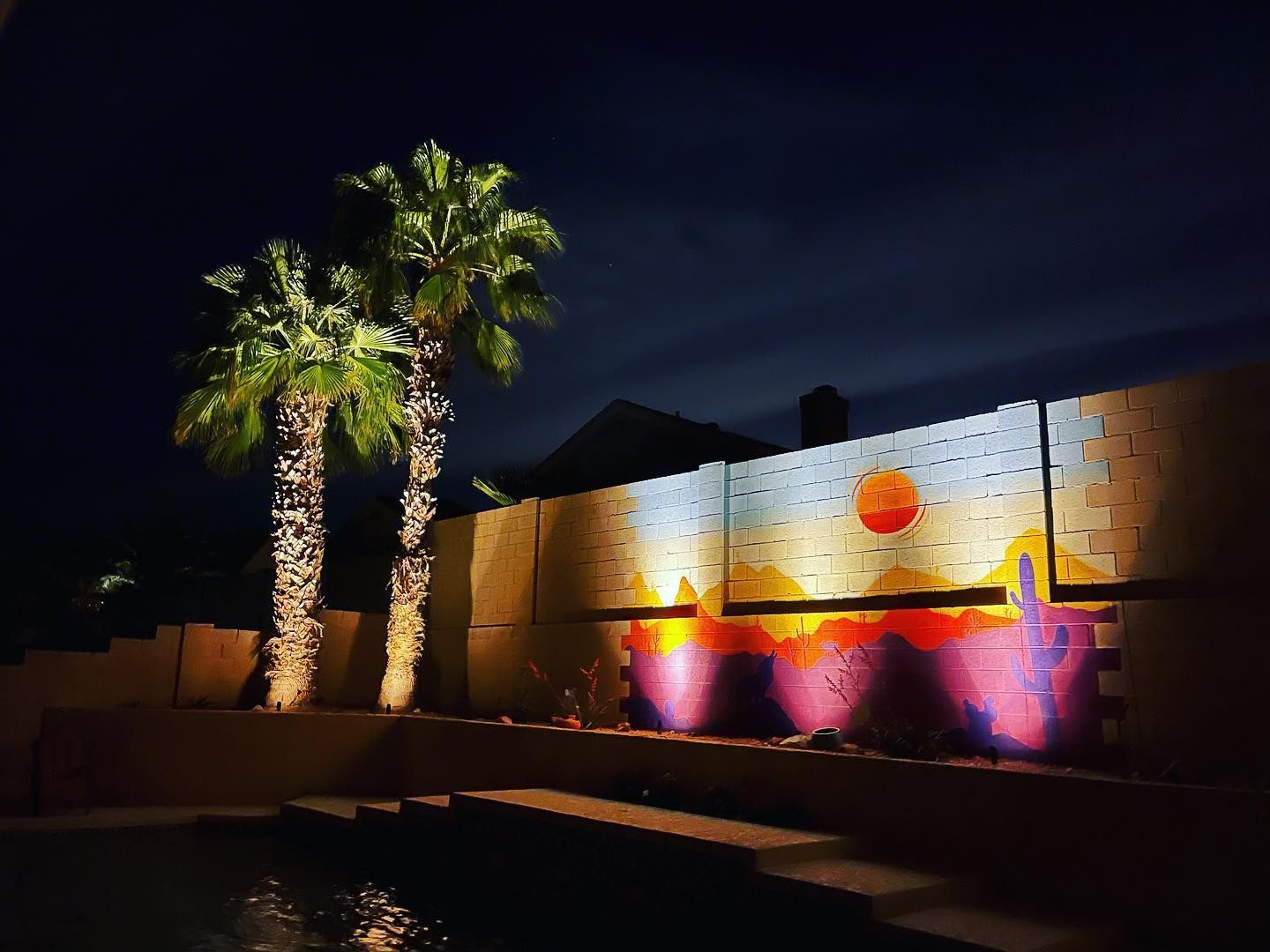 Two palm trees are lit up in front of a fence at night