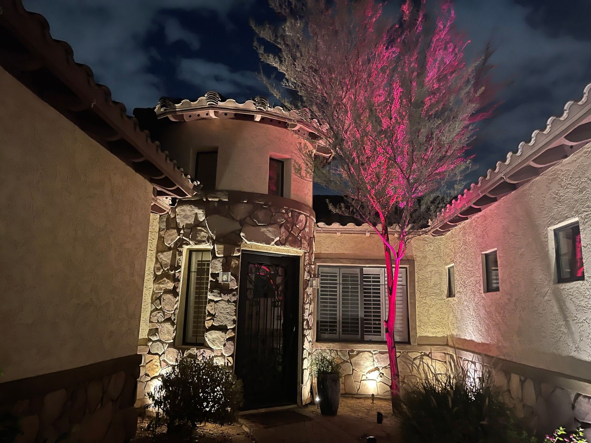 A house with a pink tree in front of it
