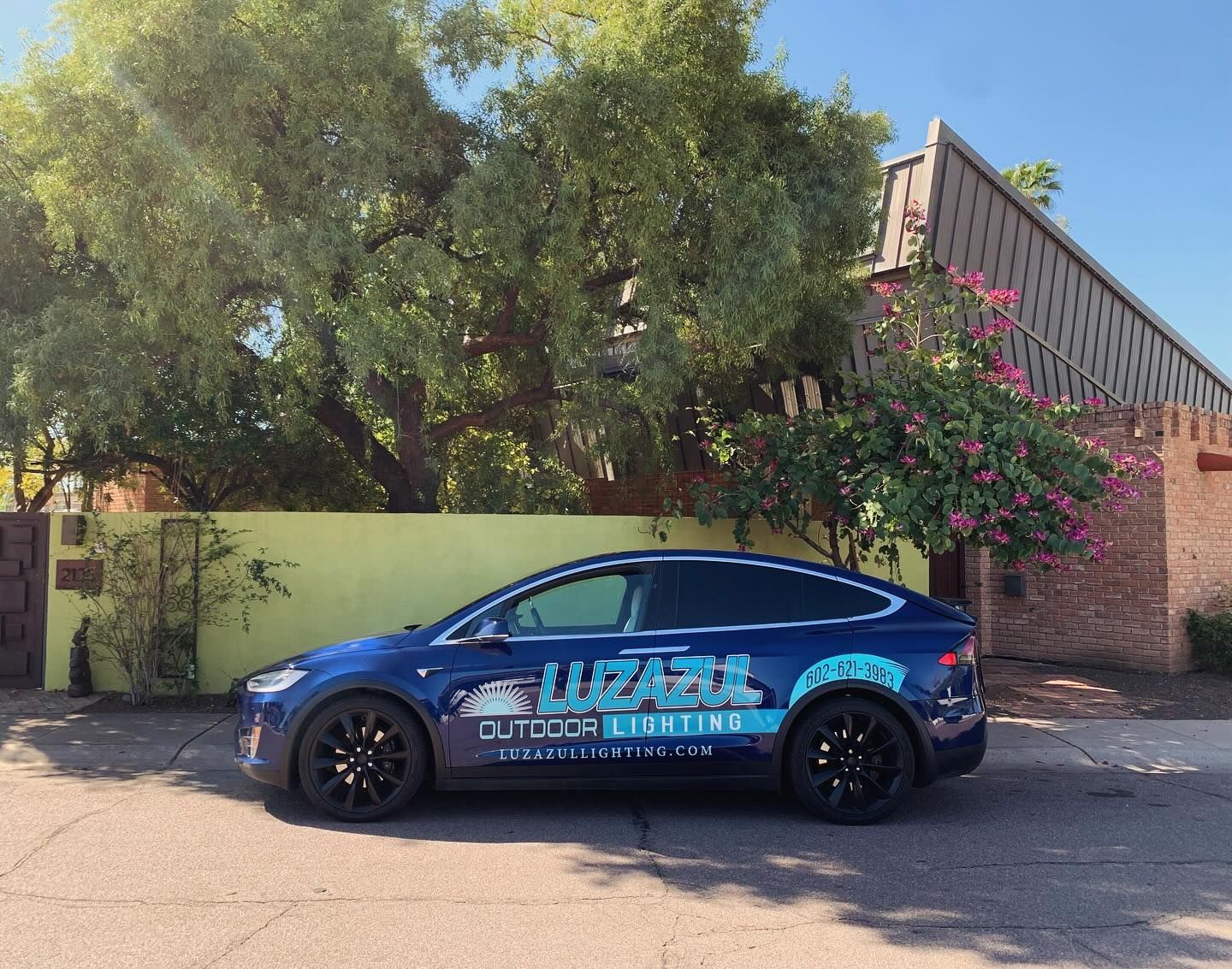 A blue tesla model x is parked in front of a building