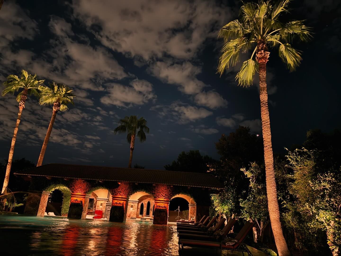 A swimming pool is lit up at night with palm trees in the foreground