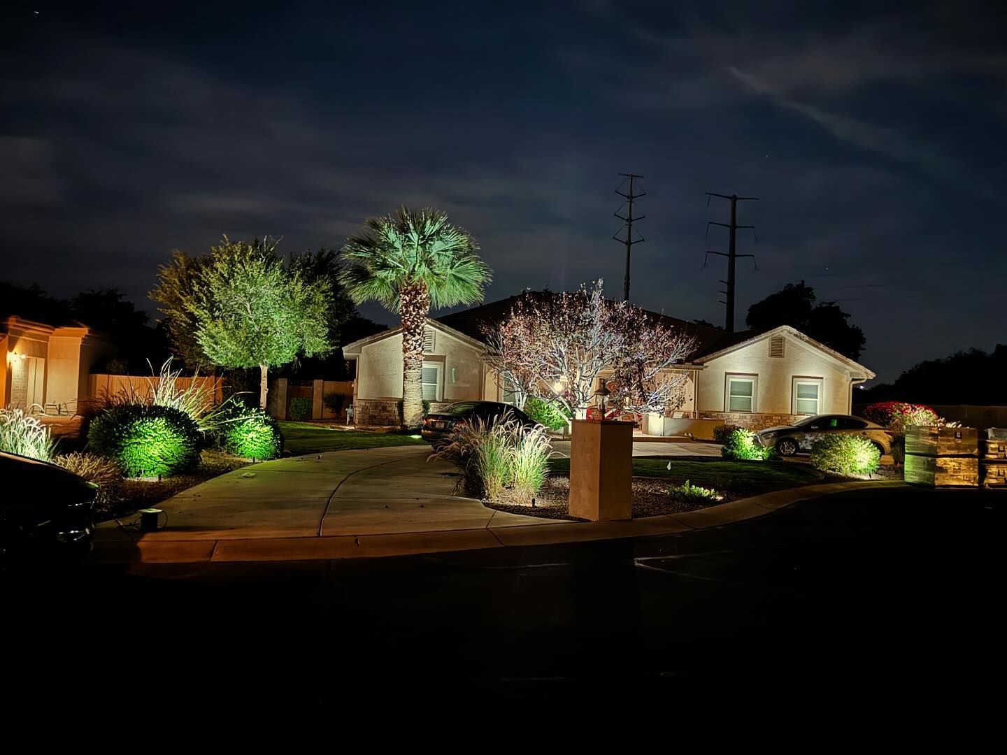 A house is lit up at night with trees and bushes in front of it.