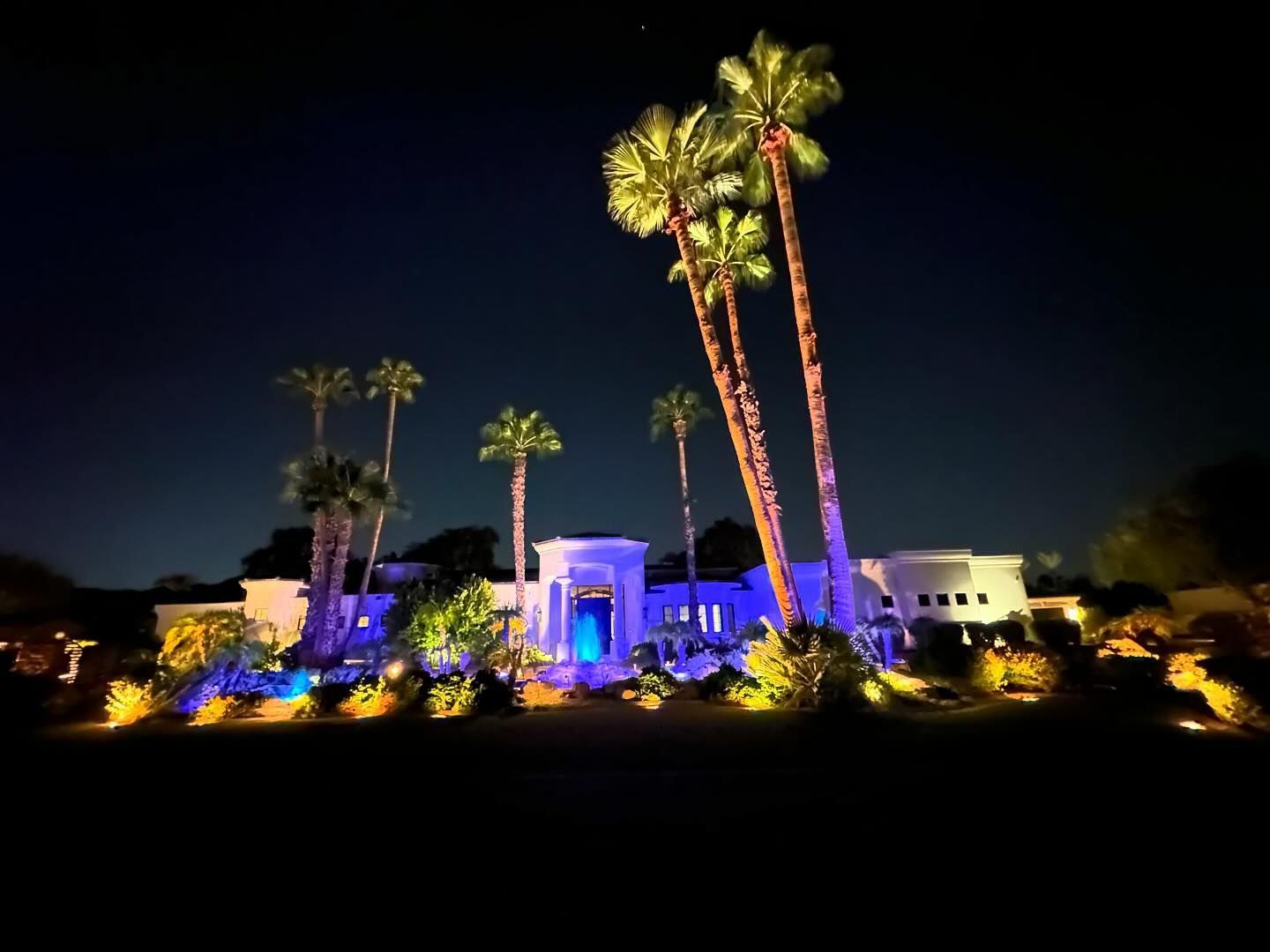 A house is lit up at night with palm trees in the foreground