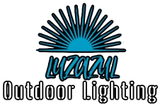 The logo for Luzazul Outdoor Lighting is a blue sun with rays coming out of it.