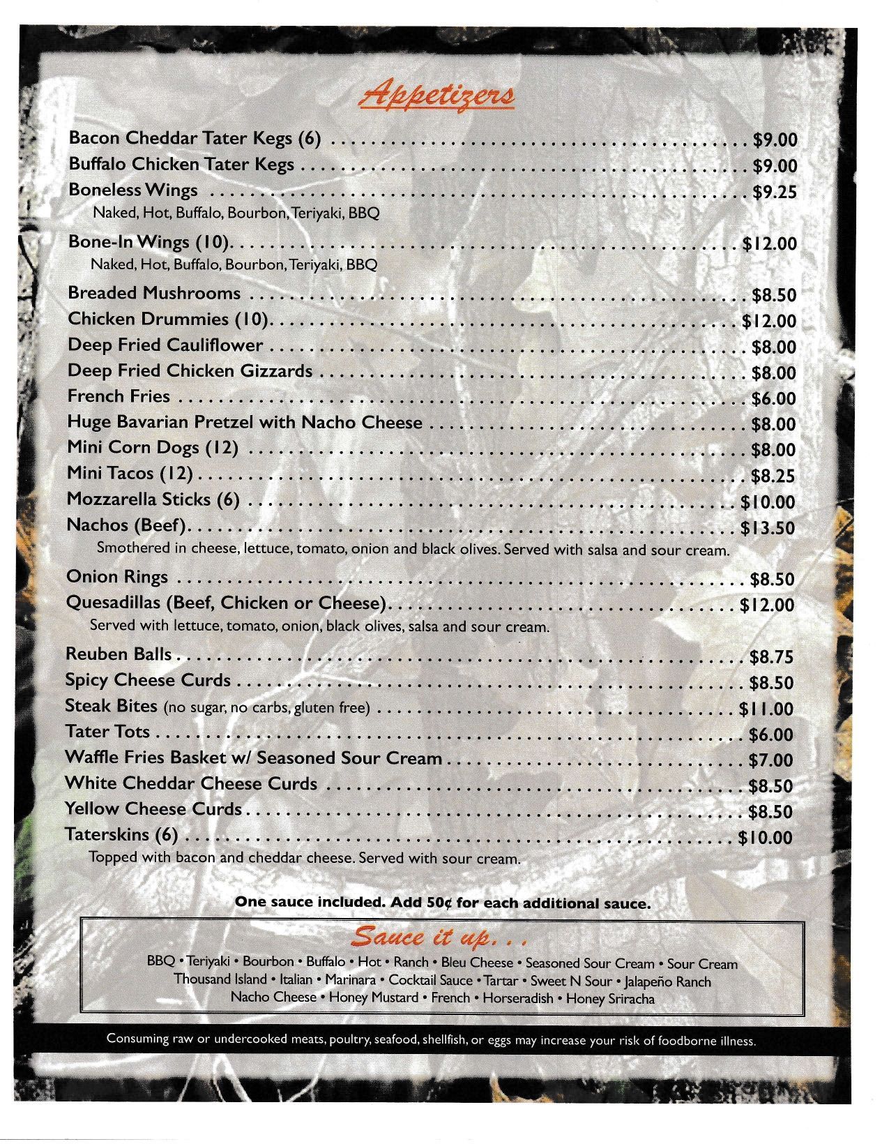 Menu of appetizers with prices on a slightly blurred, textured background. Includes various options like wings, mushrooms, and quesadillas.