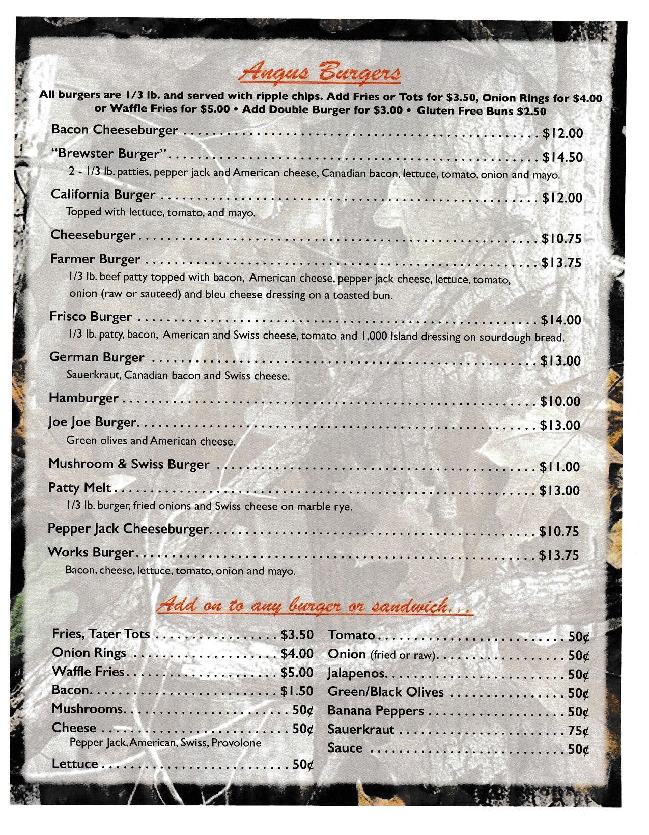 Menu from Angel's Burgers listing various burgers, sides, and add-ons.