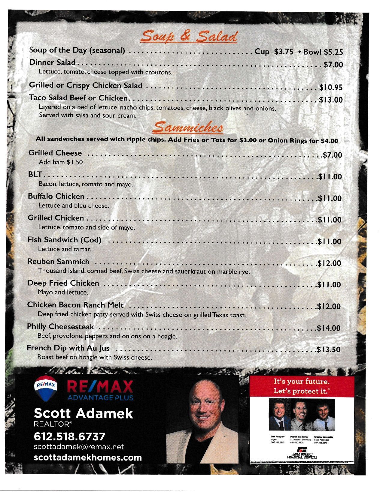 Menu with soup, salad, and sandwiches, along with a RE/MAX real estate agent advertisement.