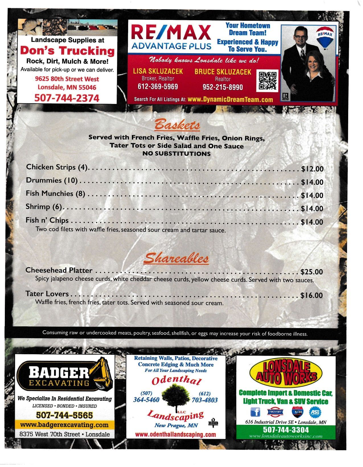 A menu from a restaurant featuring burgers, sandwiches, and entrees with prices.  Includes advertisements for local businesses.