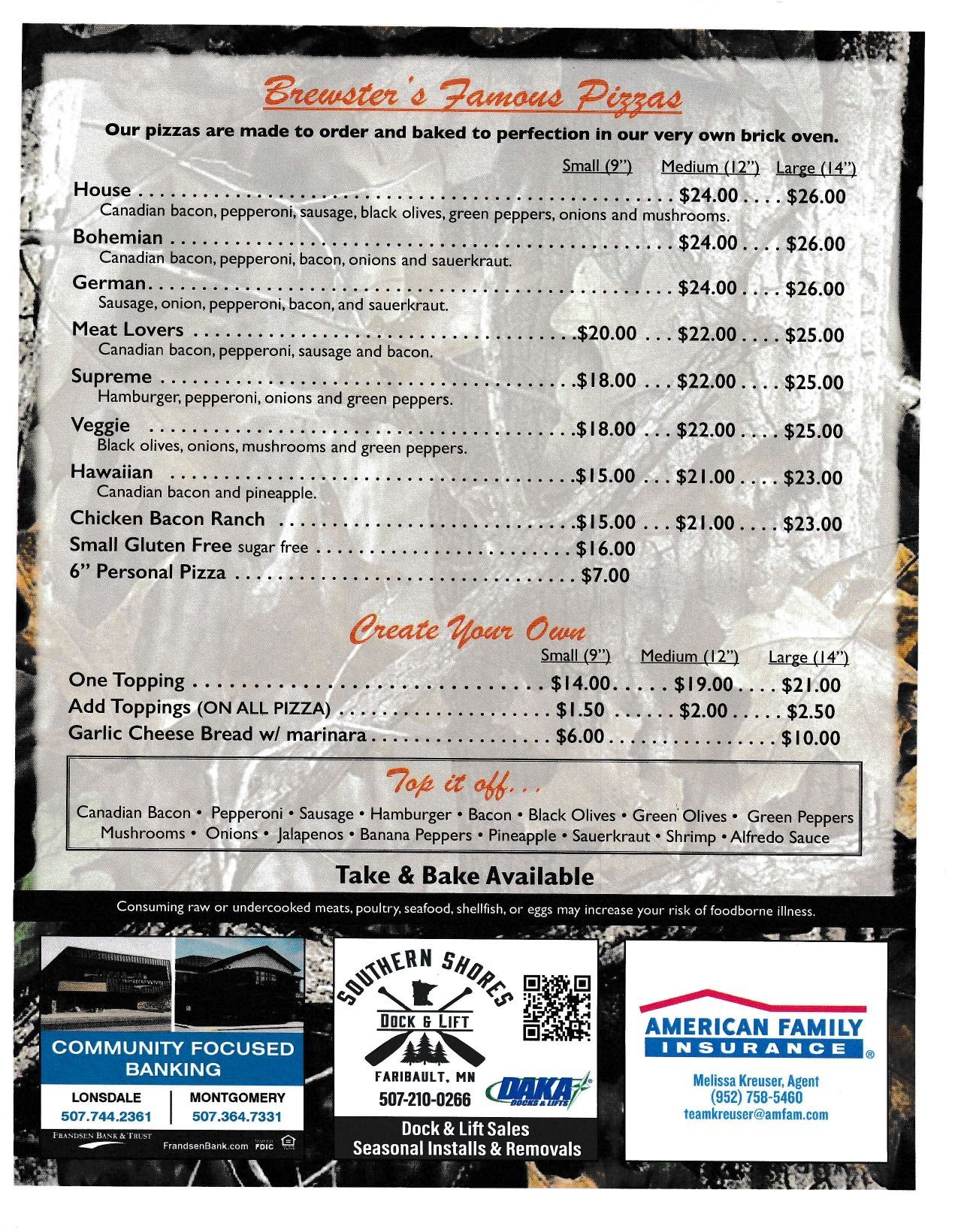 Menu for Brewster's Famous Pizzas, listing pizza options and pricing, with local business advertisements at the bottom.