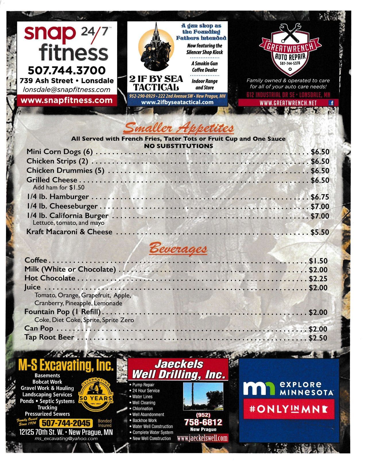 Menu with food and drink items like hot dogs and coffee, with advertisements for a fitness center and local businesses.