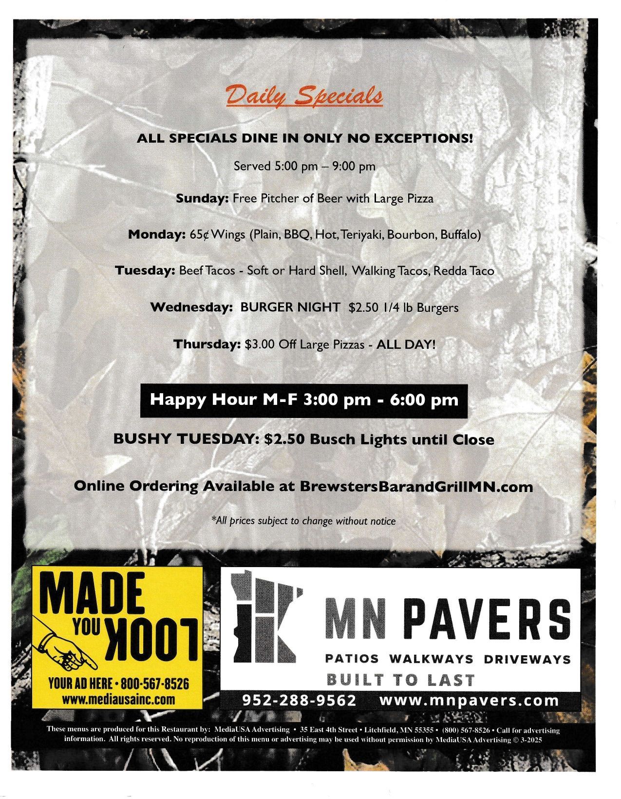 Menu for Brewster's Bar and Grill listing daily specials and happy hour; includes advertising for MN Pavers.