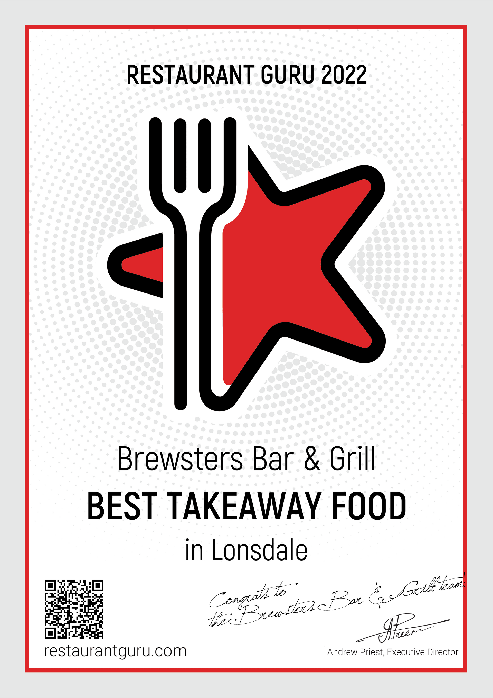 Restaurant Certificate — Lonsdale, MN — Brewster’s Bar & Grill