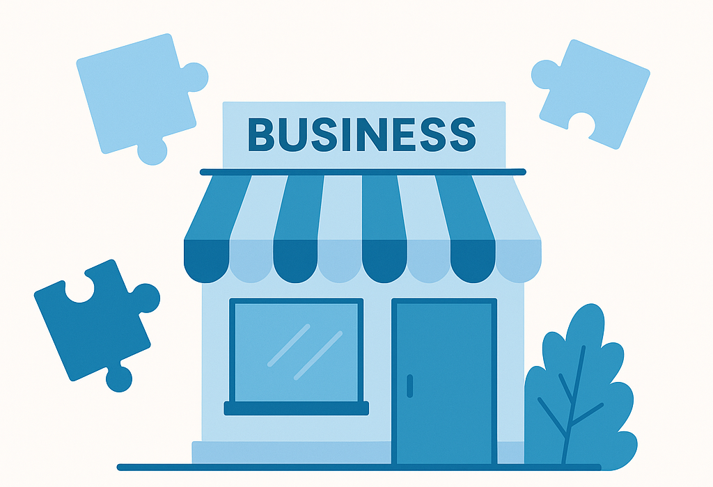 An illustration of a business with puzzle pieces around it.
