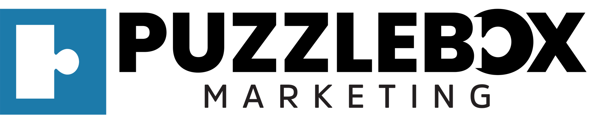 The logo for puzzlebox marketing is blue and black