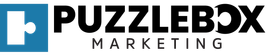 The logo for puzzlebox marketing is blue and black