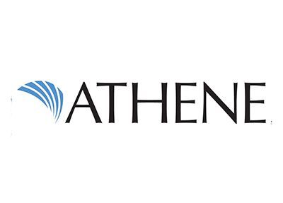 Athene logo: Blue curved lines left of black text 
