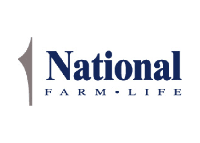 National Farm Life Insurance logo with a stylized grey swoosh and blue text.