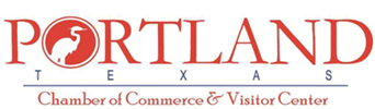 Logo for Portland, Texas Chamber of Commerce & Visitor Center; red text, circle with heron.
