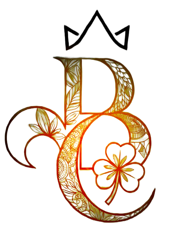 BC monogram with gold filigree, crown, and shamrock.