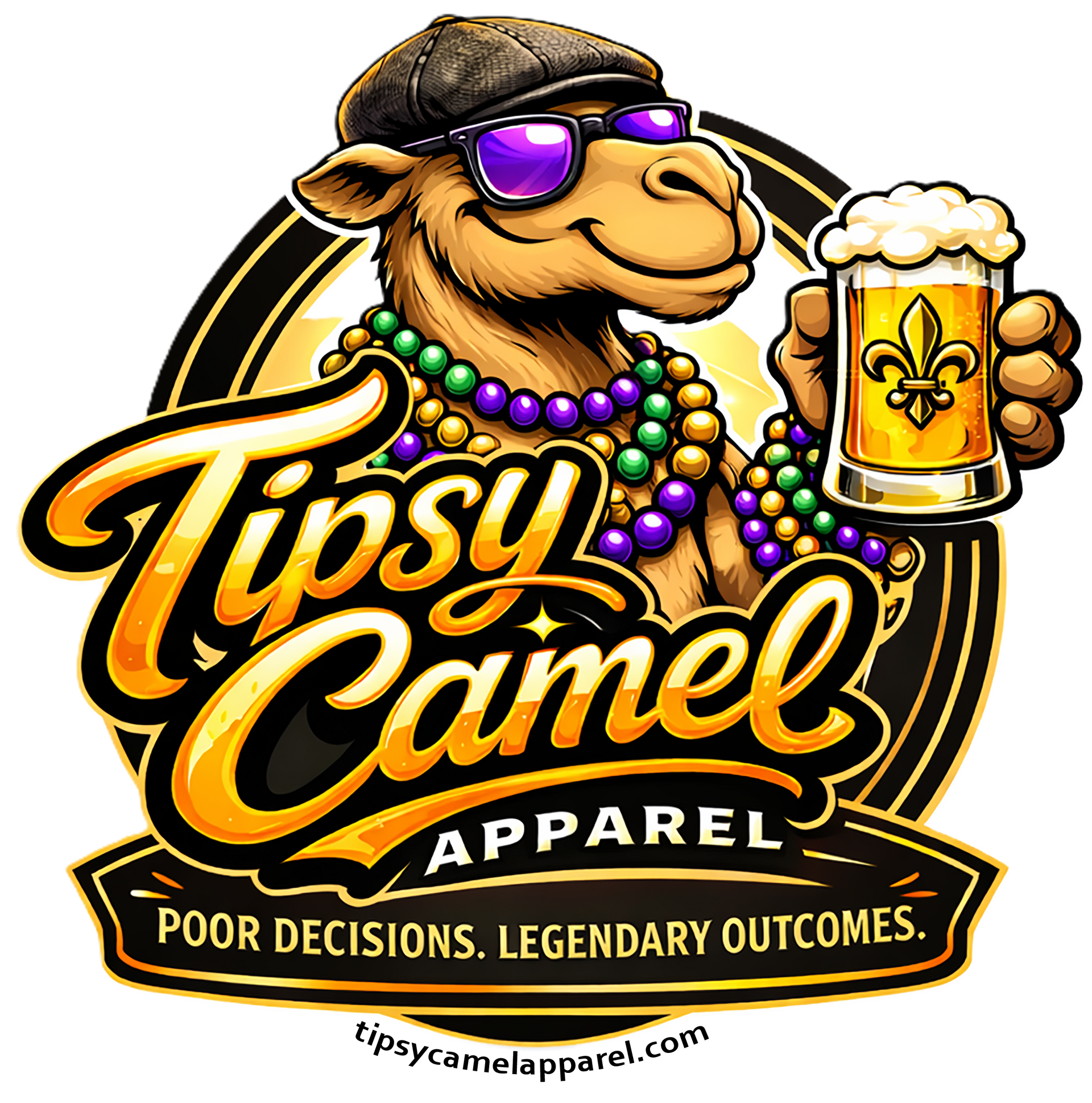 Logo featuring a camel wearing a cap, sunglasses, and Mardi Gras beads while holding a beer, with text 