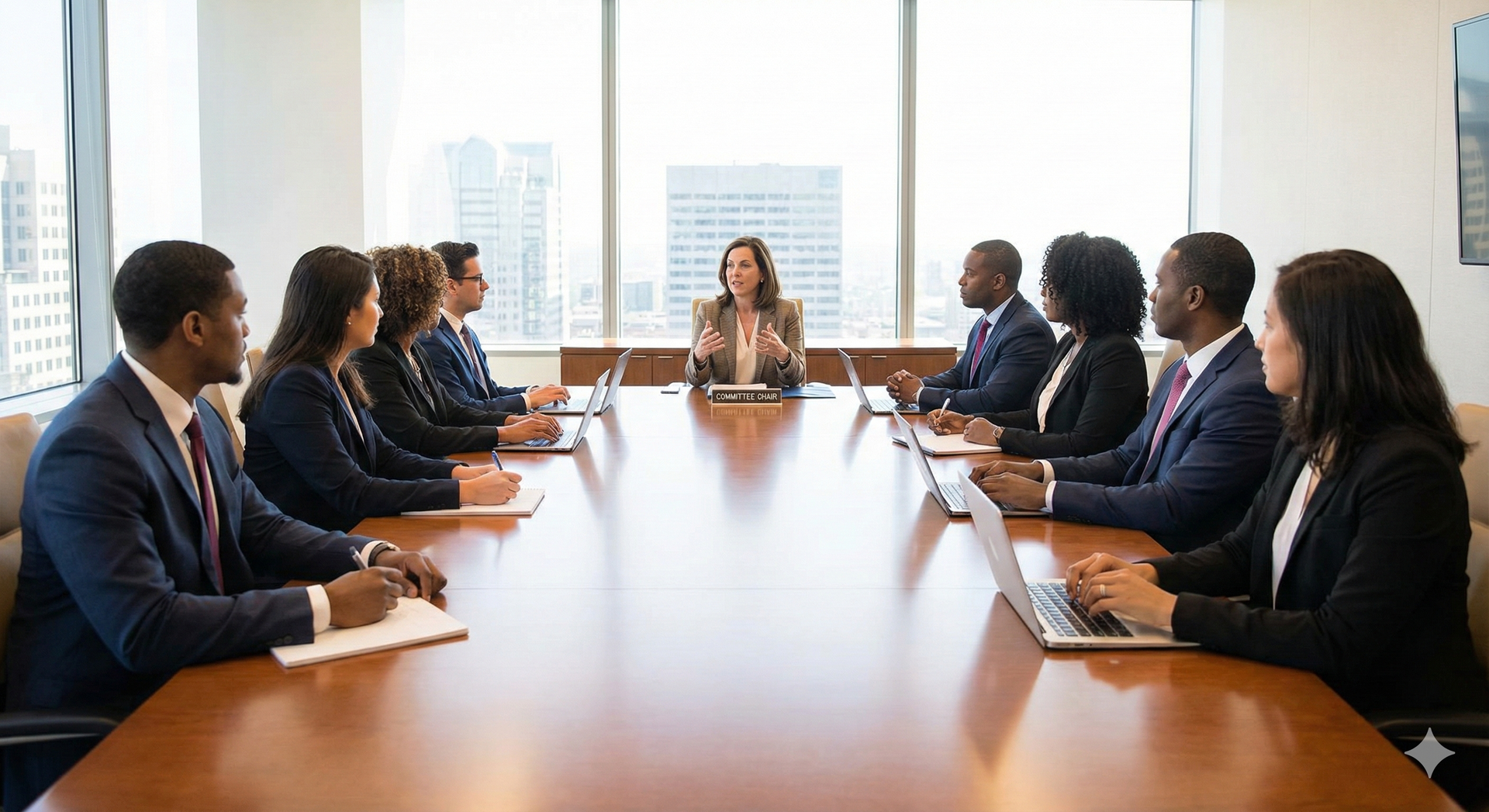 Stylized figures with raised arms, connected by curving blue lines with yellow accents and circular nodes.