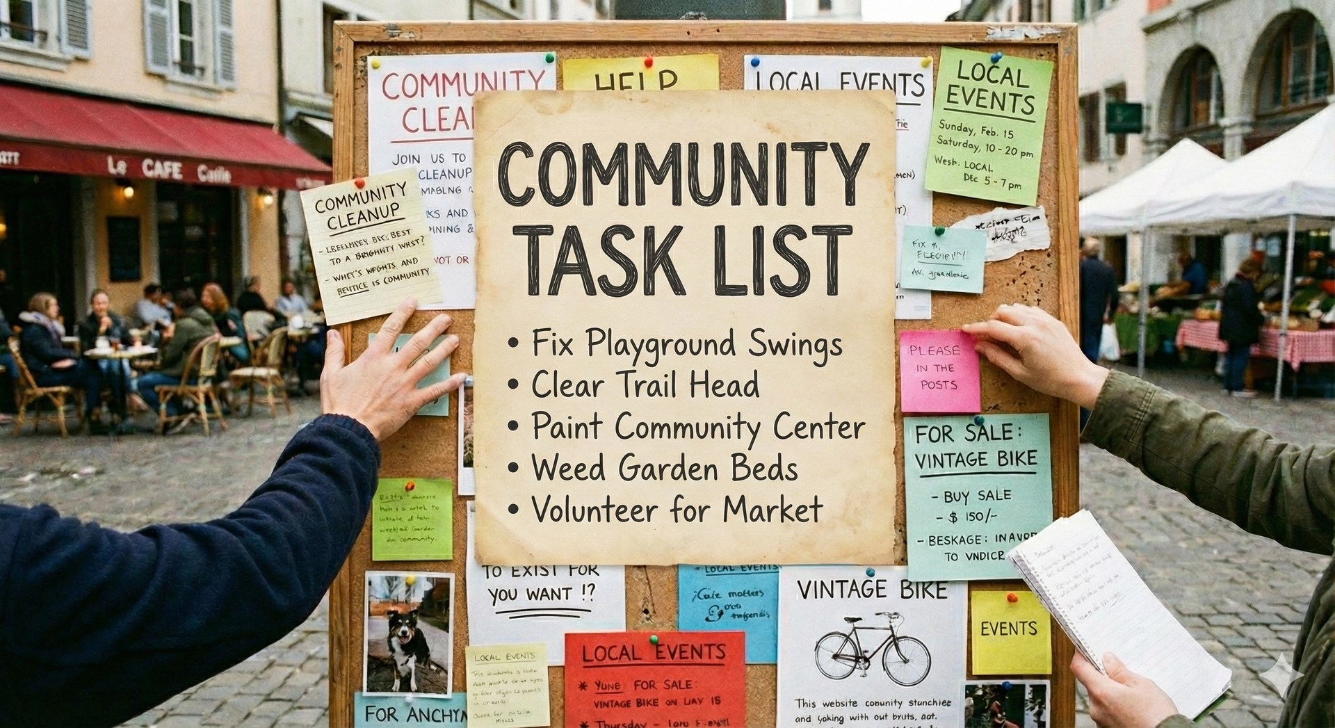 Stylized figures with raised arms, connected by curving lines, and a circle. Dark blue and yellow.