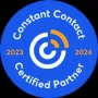 A blue circle that says constant contact certified partner