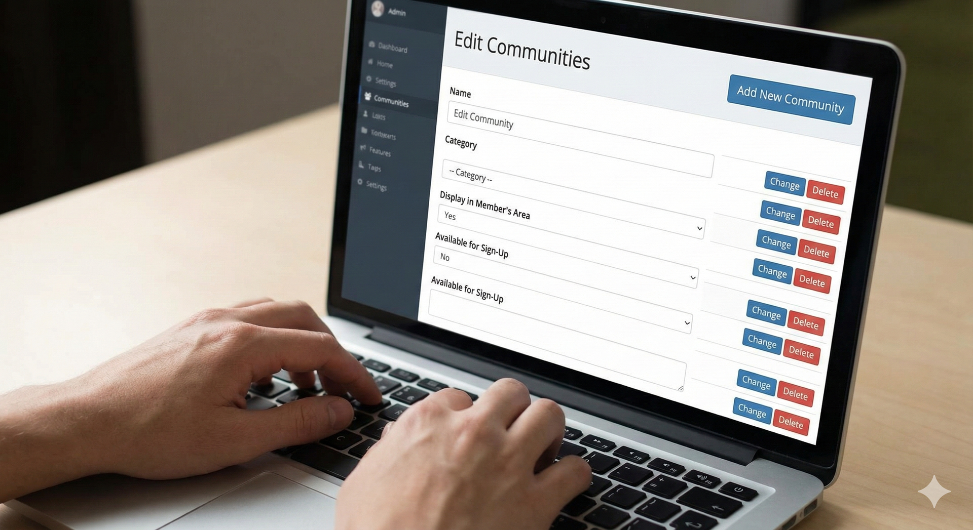 People figures with raised arms, inside a curved, blue and yellow design.