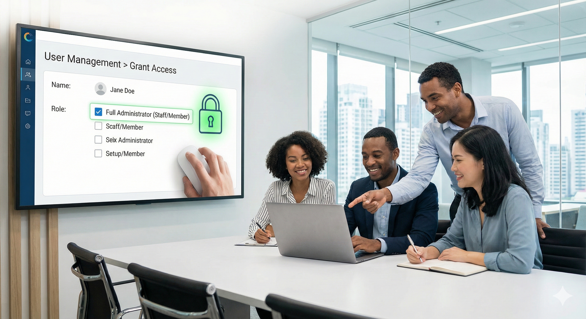 People with arms raised, connected to a curving line, with a technology symbol.