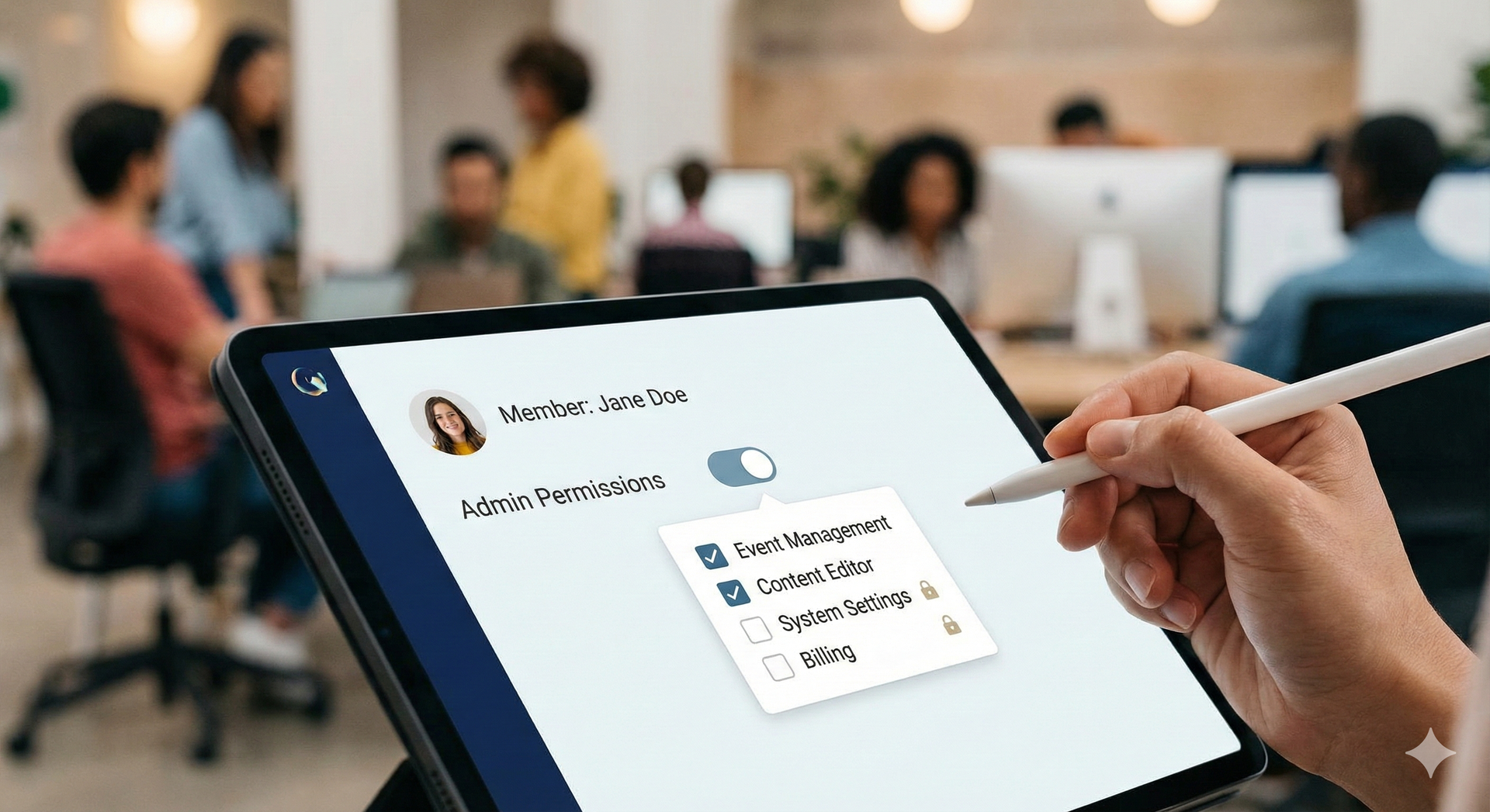 Abstract logo: stylized figures reaching upwards, blue and gold, with a curved line and tech-like circles.