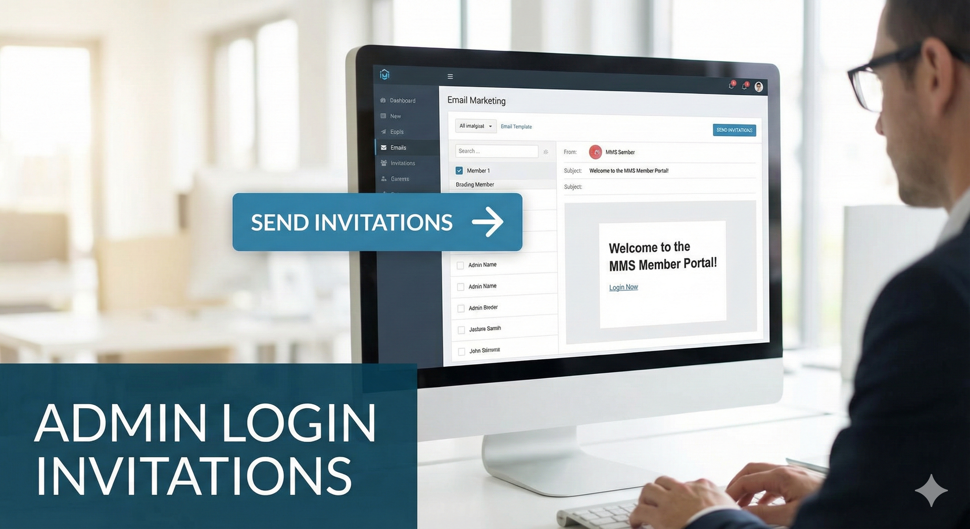 Stylized figures with raised arms, connected by curving blue lines with yellow accents and circular nodes.