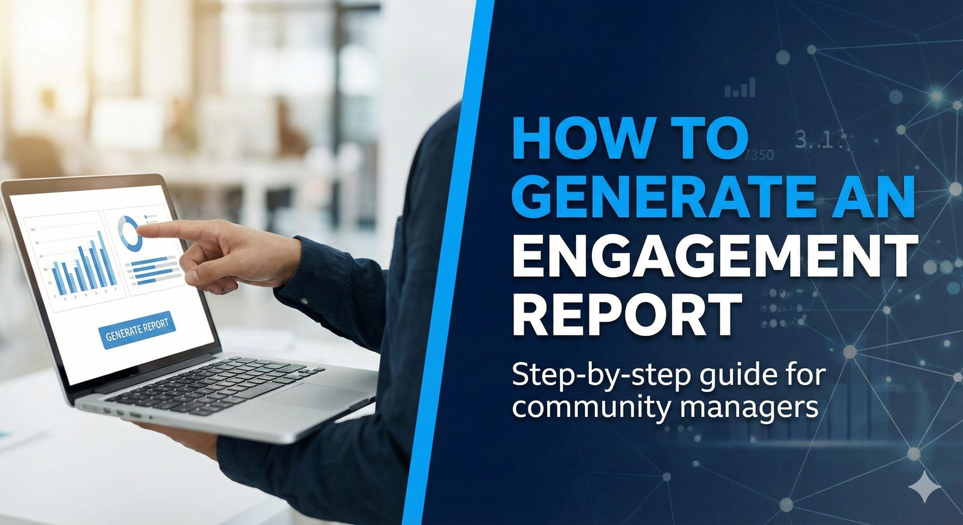 Stylized figures with raised arms, connected by curving lines with circular nodes; blue and gold.