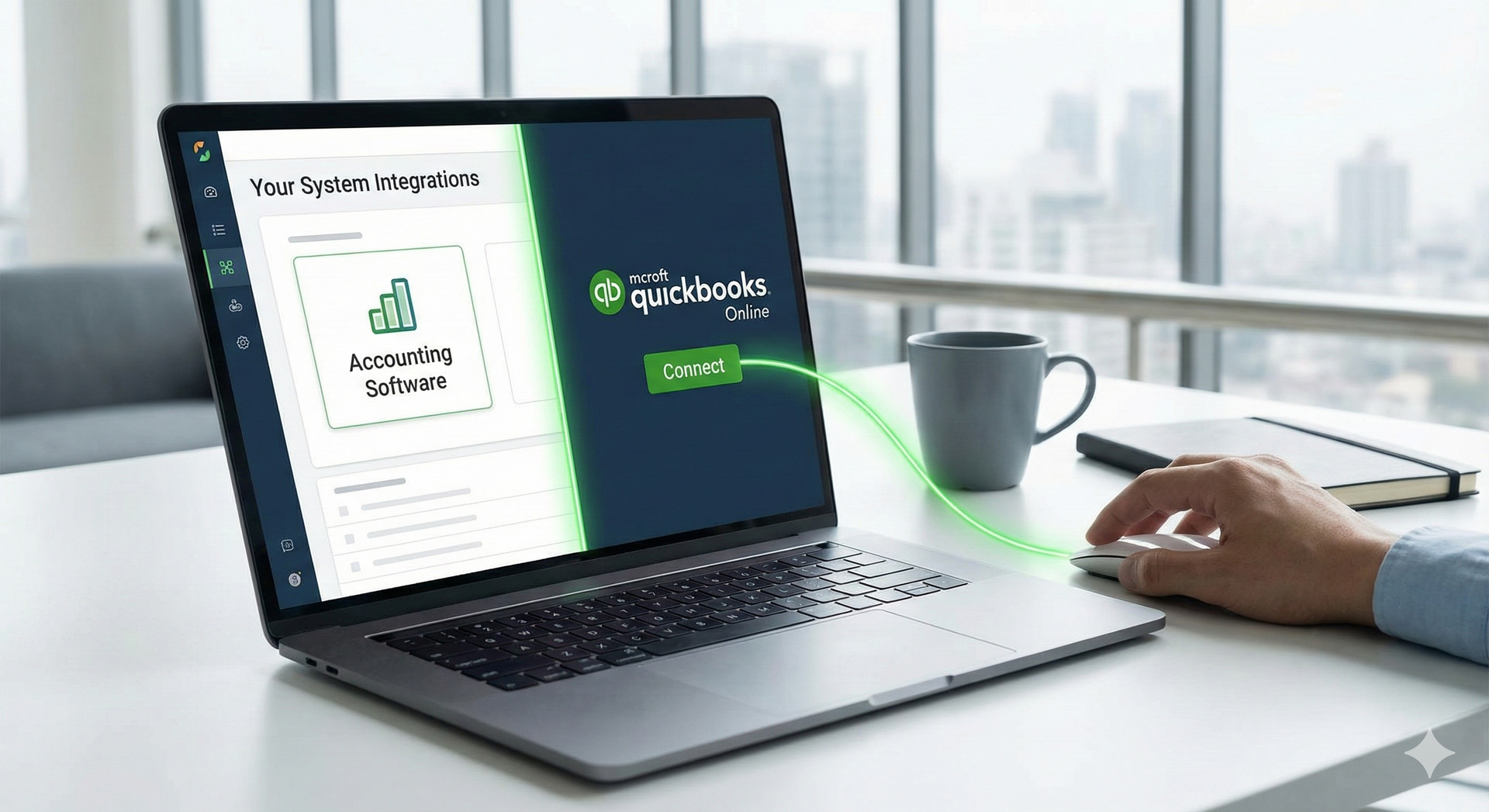 People figures with raised arms, inside a curved, blue and yellow design.