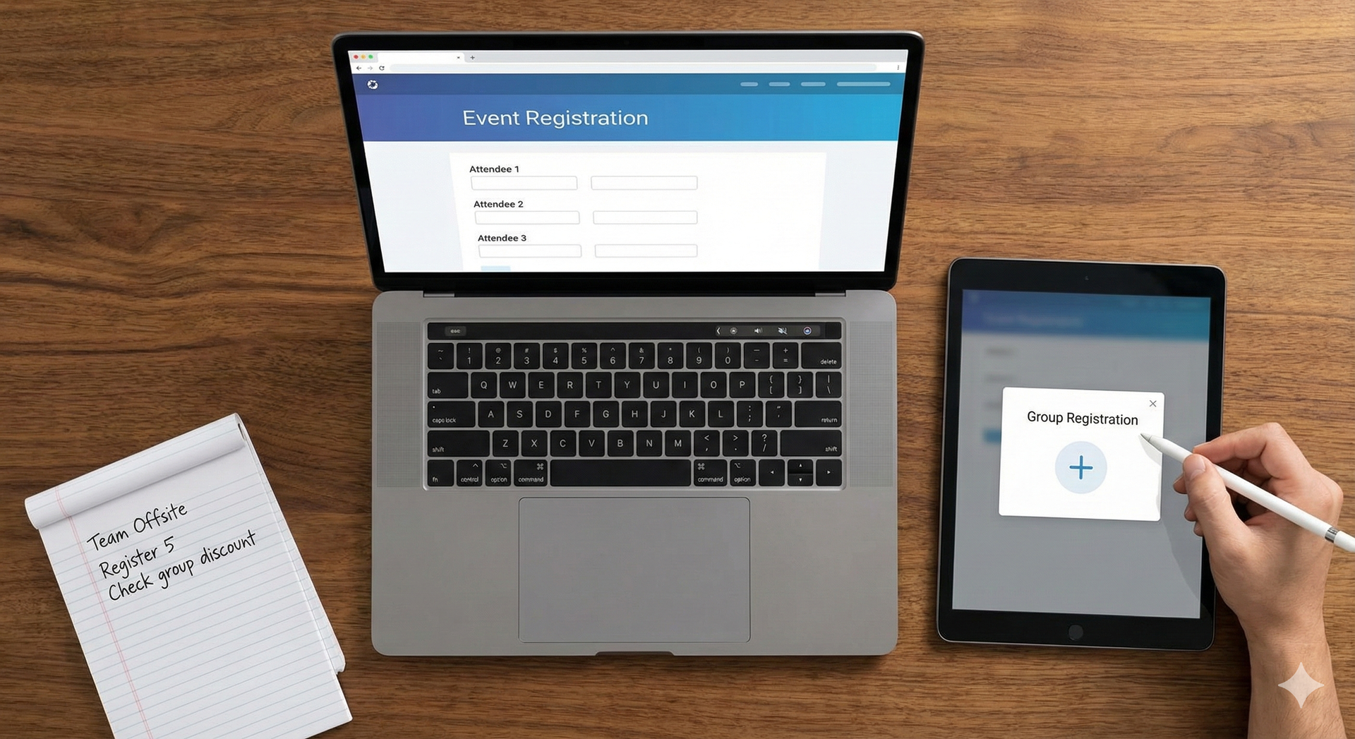 Abstract logo: stylized figures reaching upwards, blue and gold, with a curved line and tech-like circles.