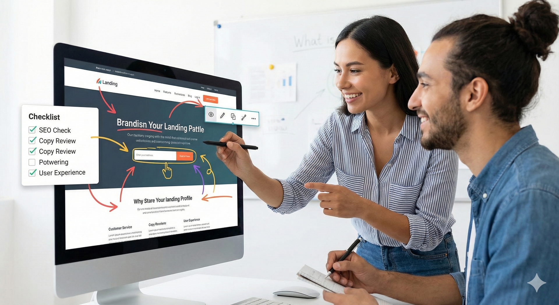 Abstract logo: stylized figures reaching upwards, blue and gold, with a curved line and tech-like circles.