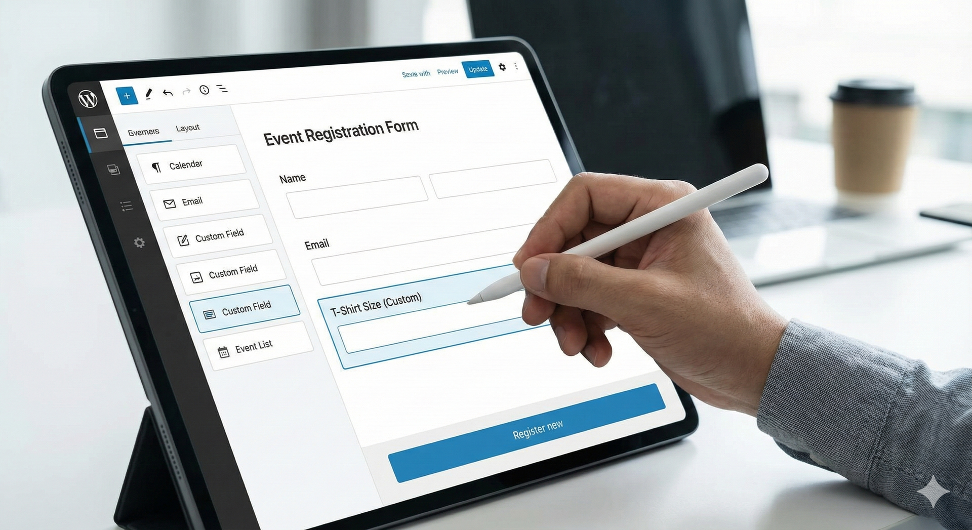 People with arms raised, connected to a curving line, with a technology symbol.