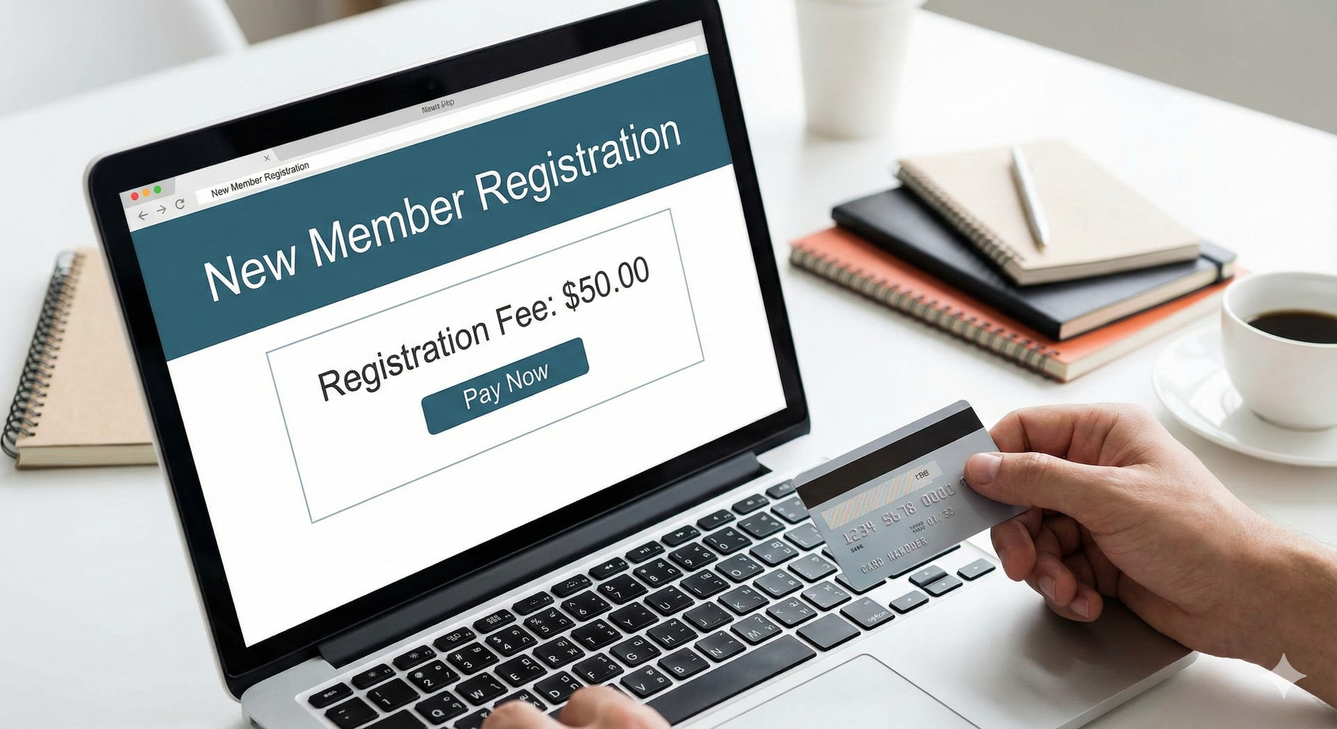 Stylized figures with raised arms, connected by curving lines with circular nodes; blue and gold.