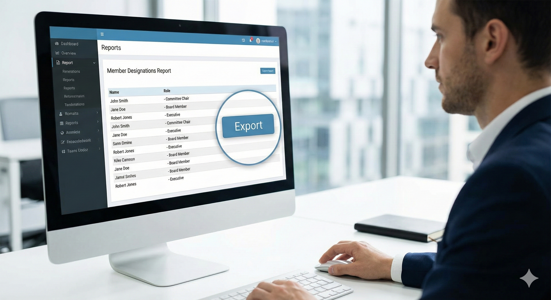 People figures with raised arms, inside a curved, blue and yellow design.