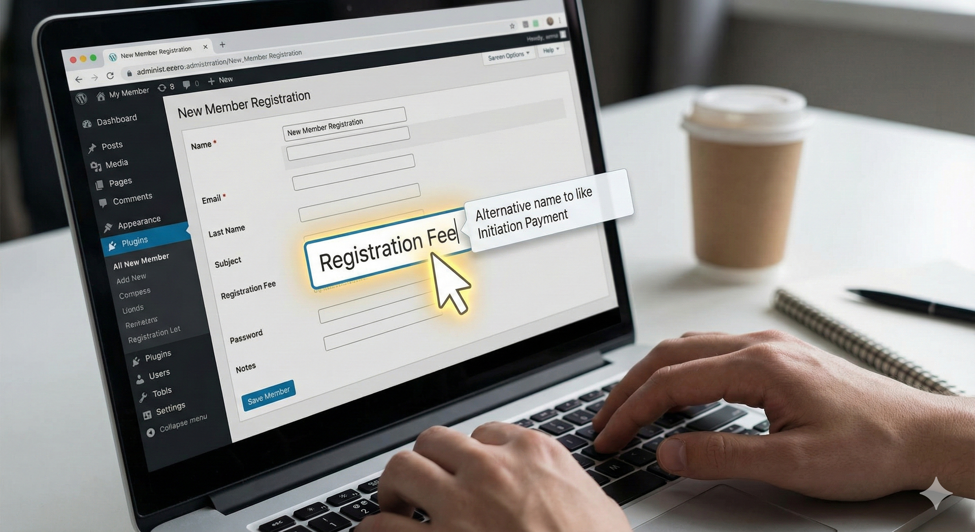 Stylized figures with raised arms, connected by curving lines with circular nodes; blue and gold.