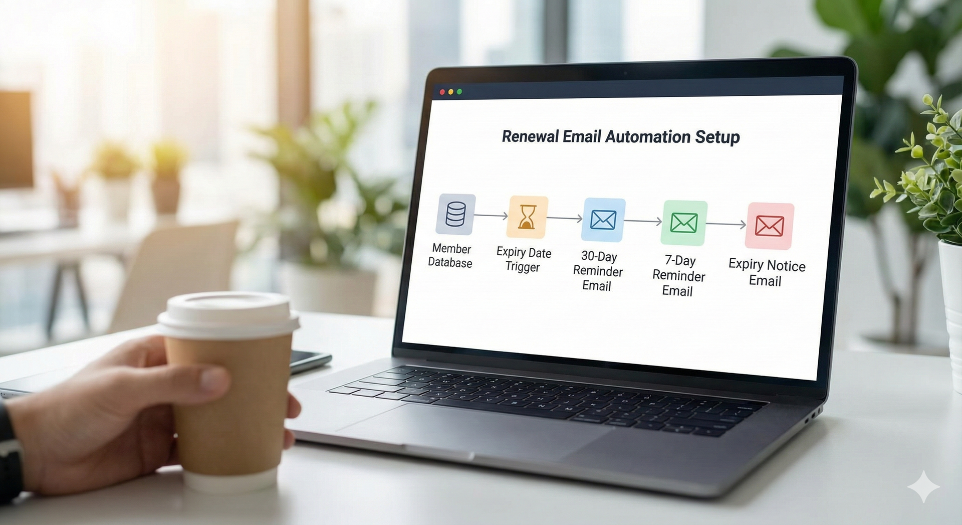 Stylized figures with raised arms, connected by curving lines with circular nodes; blue and gold.