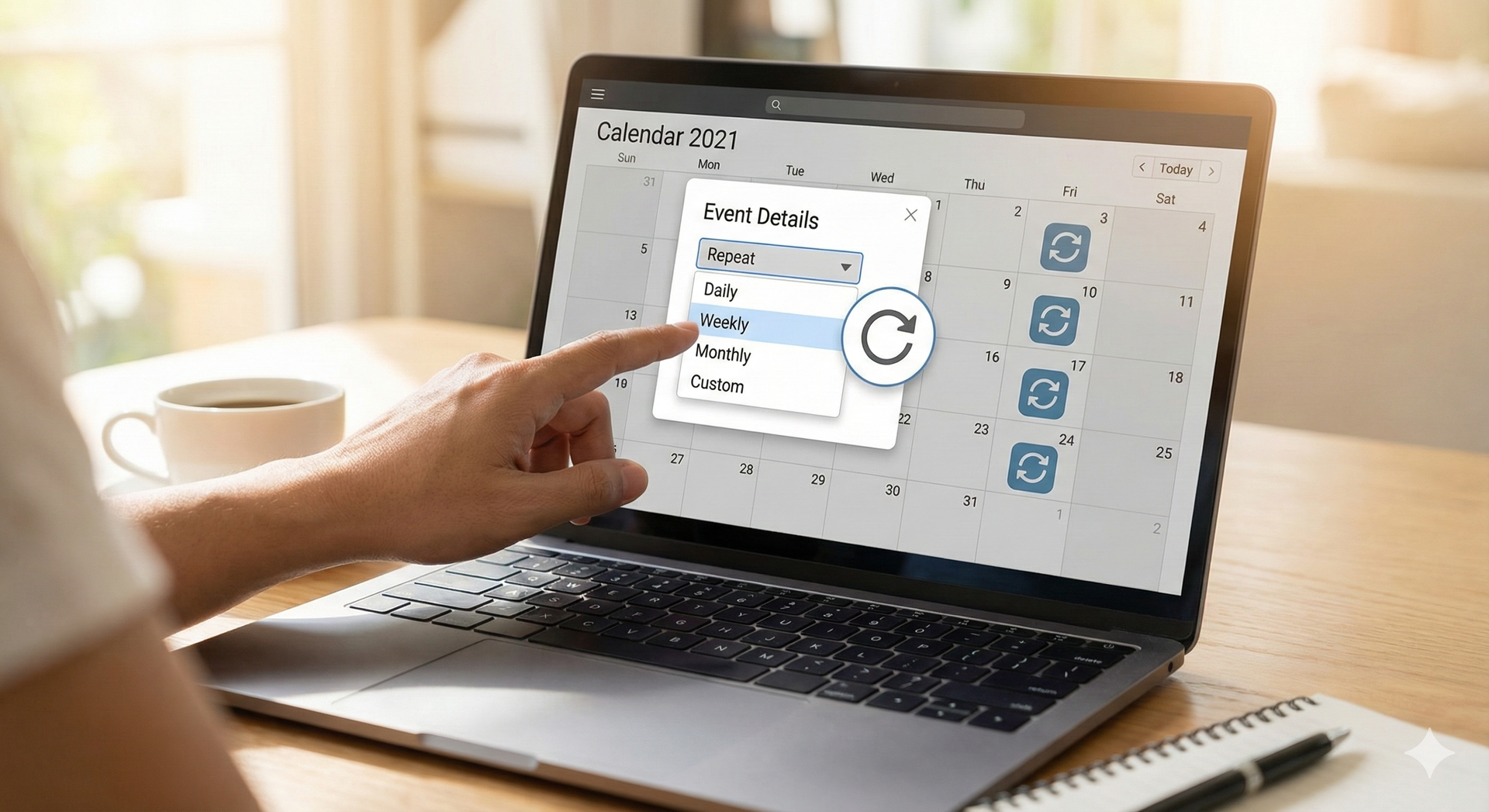 Stylized figures with raised arms, connected by curving lines, and a circle. Dark blue and yellow.