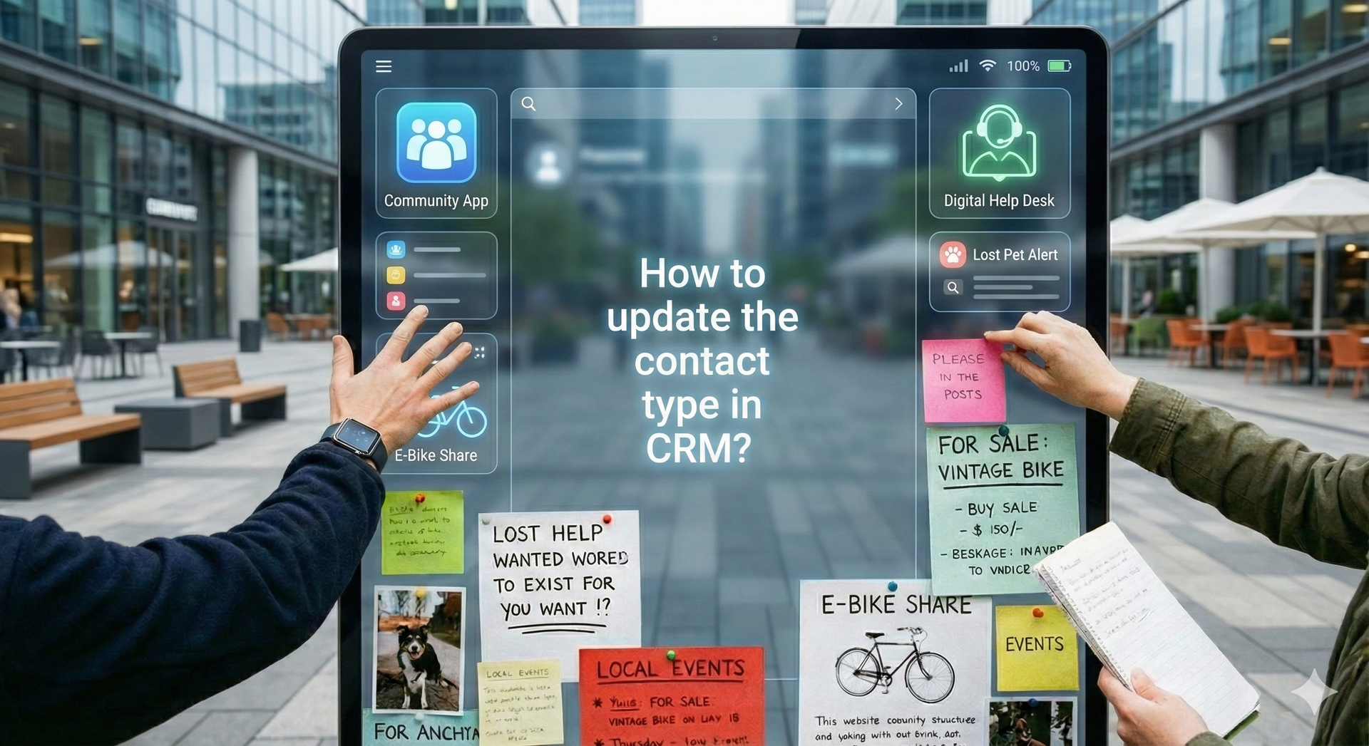 People figures with raised arms, inside a curved, blue and yellow design.