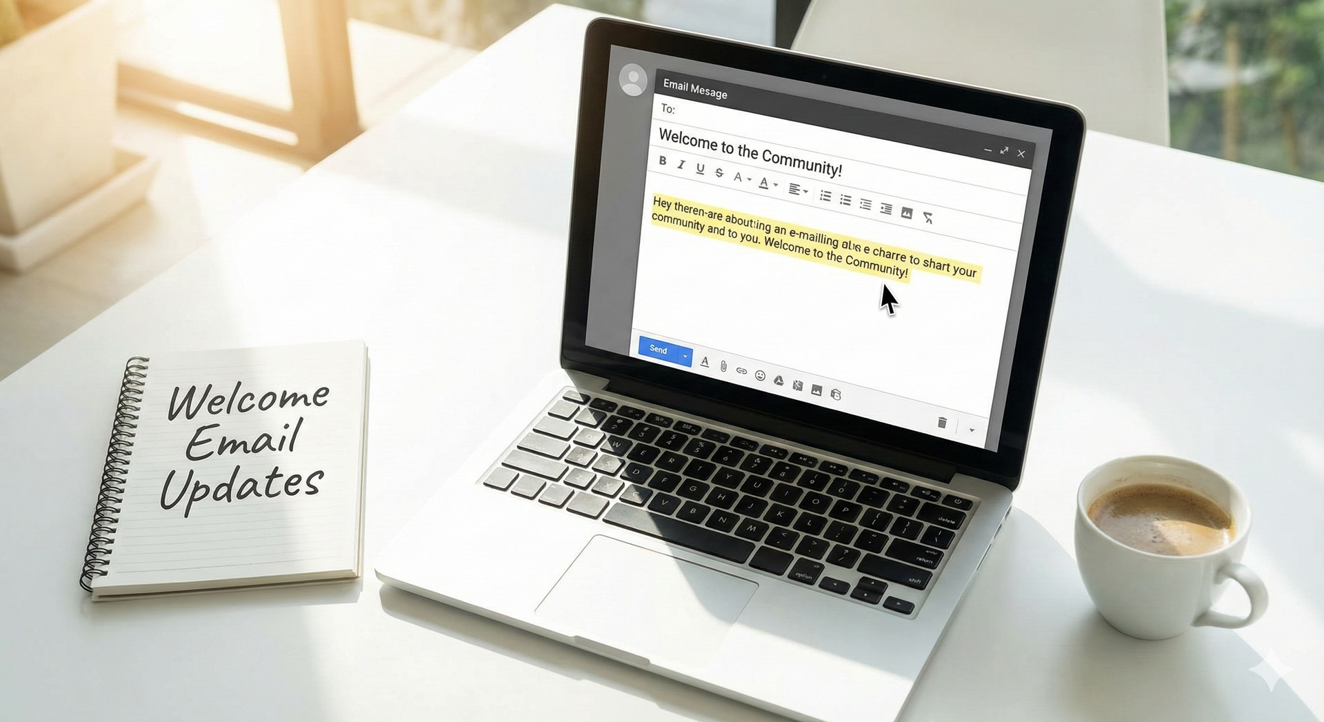 Stylized figures with raised arms, connected by curving blue lines with yellow accents and circular nodes.