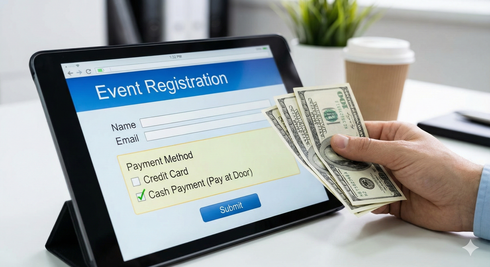 People with arms raised, connected to a curving line, with a technology symbol.