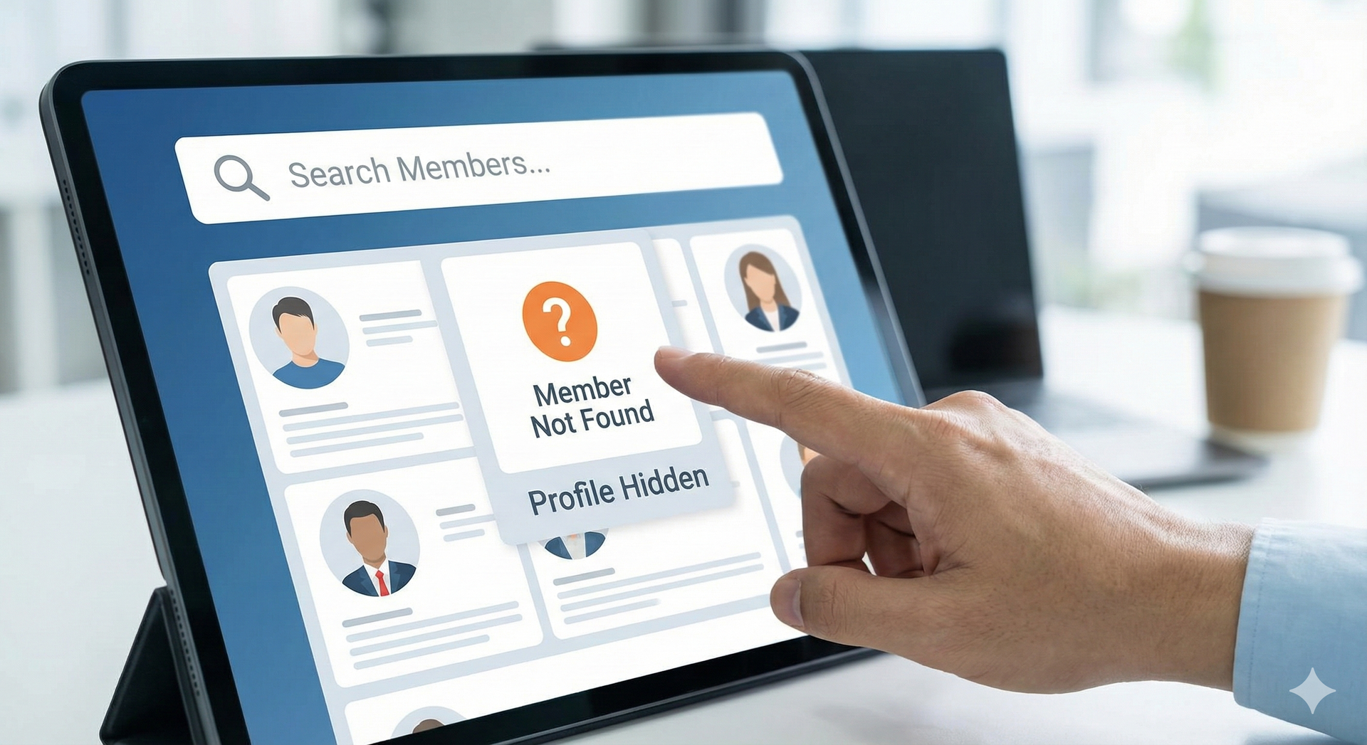 Stylized figures with raised arms, connected by curving lines, and a circle. Dark blue and yellow.