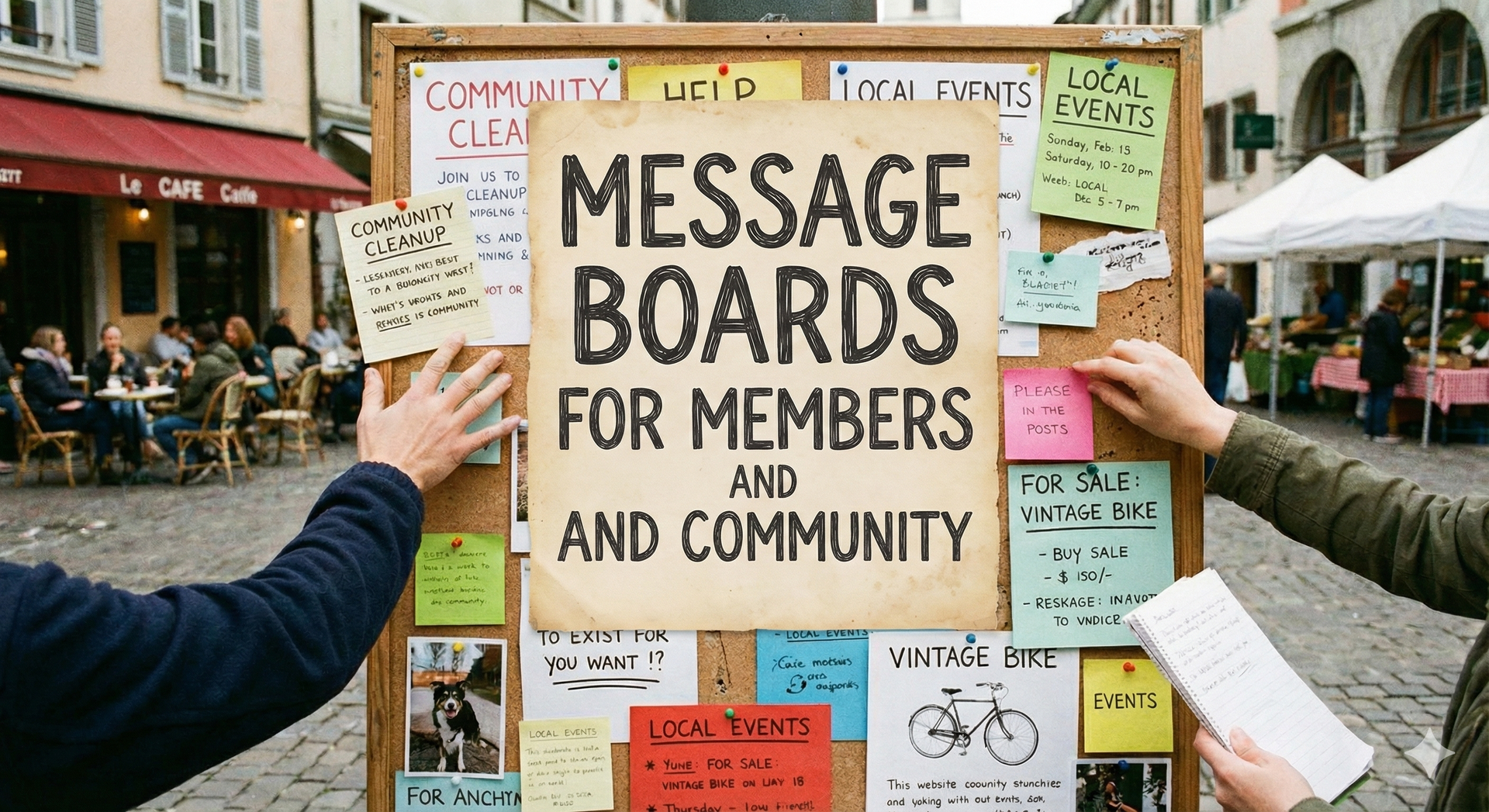 People with arms raised, connected to a curving line, with a technology symbol.