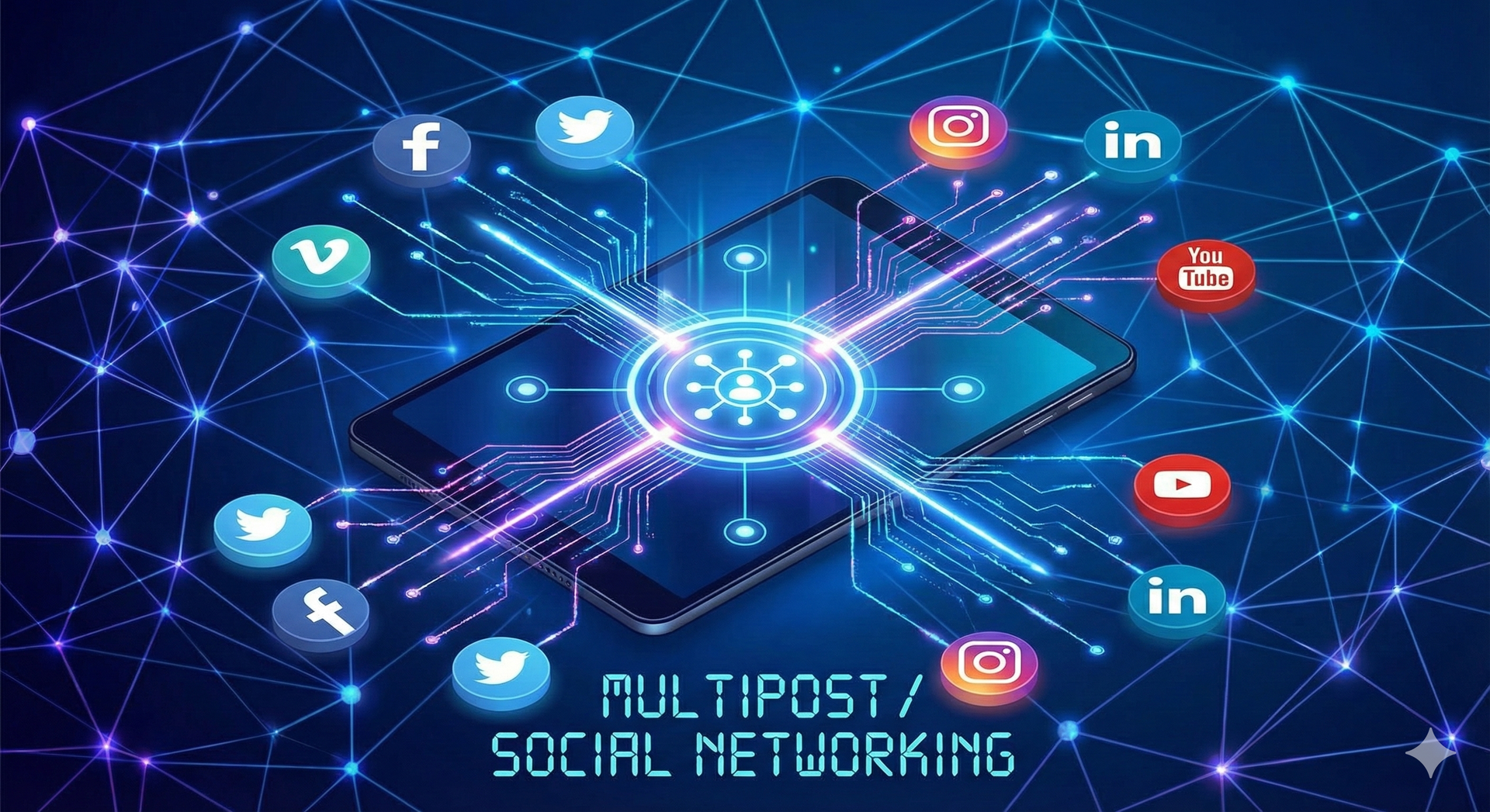 Stylized figures with raised arms, connected by curving blue lines with yellow accents and circular nodes.