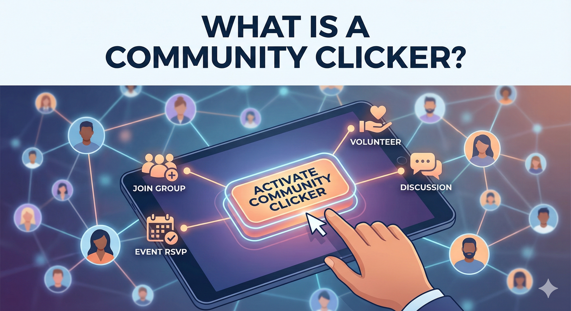 People with arms raised, connected to a curving line, with a technology symbol.