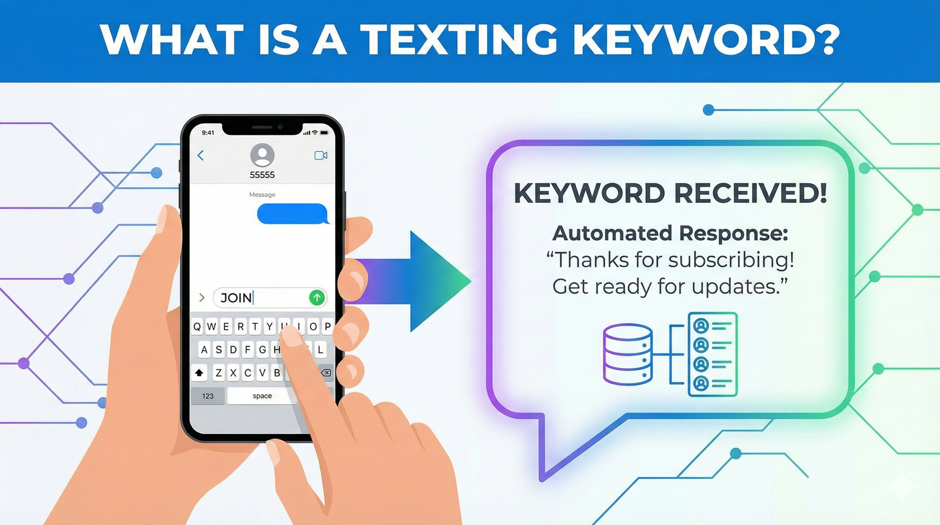Stylized figures with raised arms, connected by curving lines with circular nodes; blue and gold.