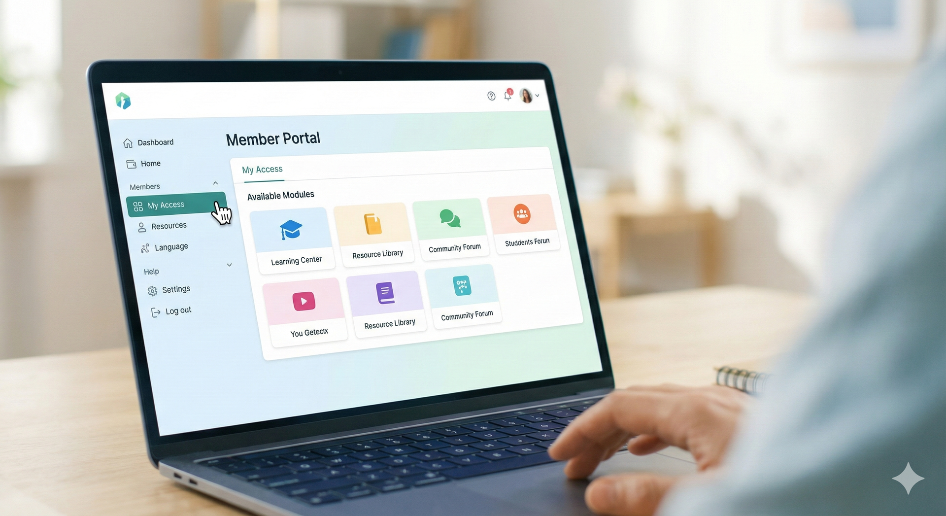 People with arms raised, connected to a curving line, with a technology symbol.